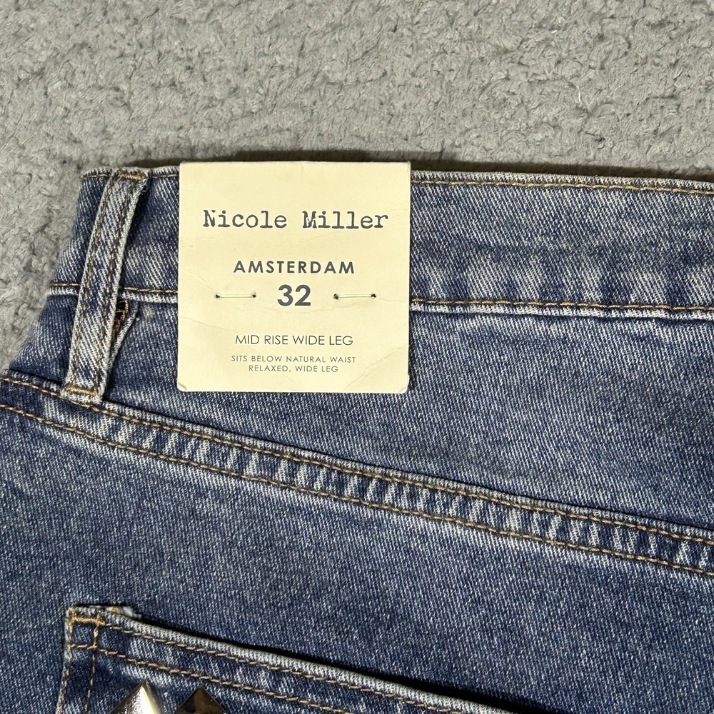 Nicole Miller Amsterdam Mid Rise Wide Leg Blue Jeans Womens 32 Studded #3889 - Picture 7 of 10